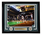 Sports Integrity Larry Bird Signed Framed 16x20 Photo features Bird vs. Lakers, his autograph at the top, two Celtics logos, and a nameplate reading Larry Bird. Authenticated by PSA/DNA.