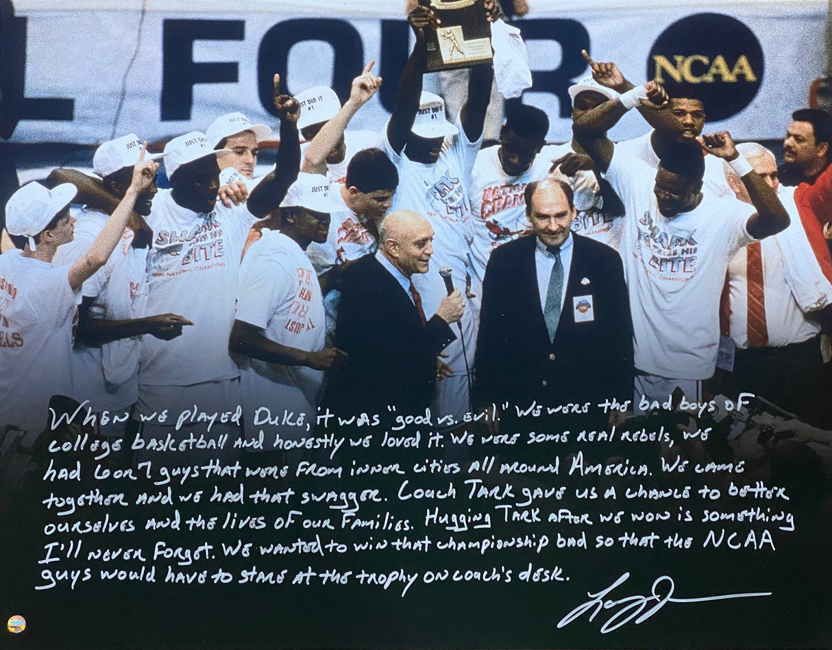 The Sports Integrity Larry Johnson Signed 16x20 UNLV Runnin' Rebels Photo shows the team celebrating with a trophy, coaches and players smiling. Handwritten quotes and Johnson's signature appear at the bottom. Steiner Holo included.