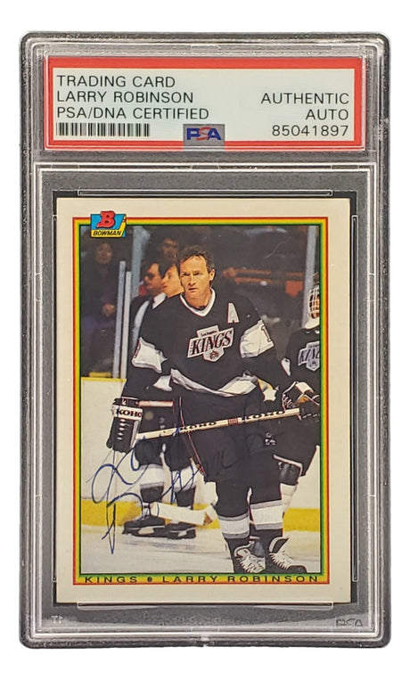 The Sports Integrity Larry Robinson Signed 1990 Bowman #150 Los Angeles Kings Hockey Card features his autograph and is PSA/DNA certified.