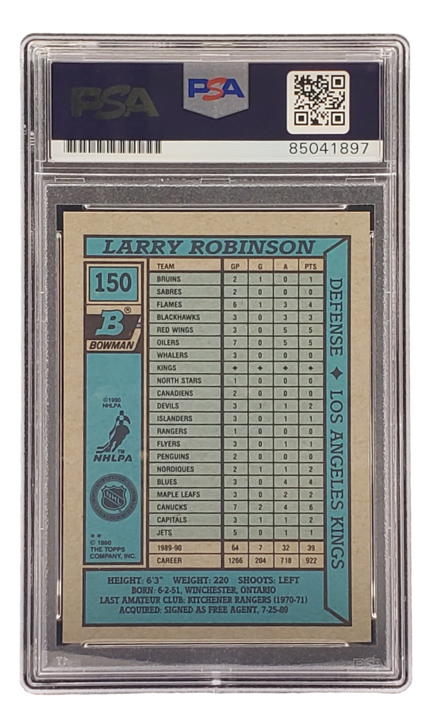 Back of a Larry Robinson Signed 1990 Bowman #150 Los Angeles Kings card, authenticated by PSA/DNA from Sports Integrity. Card displays Robinson’s stats, personal info, and features Bowman and NHLPA logos in a PSA holder.