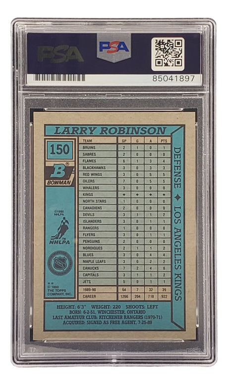 Back of a Larry Robinson Signed 1990 Bowman #150 Los Angeles Kings card, authenticated by PSA/DNA from Sports Integrity. Card displays Robinson’s stats, personal info, and features Bowman and NHLPA logos in a PSA holder.