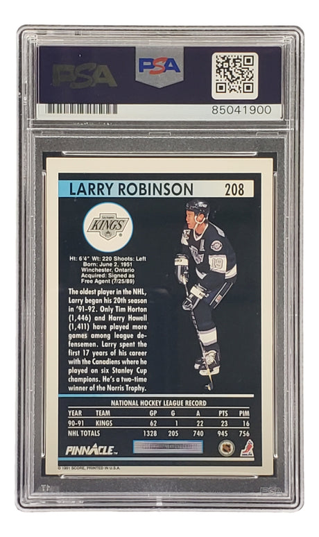 Sports Integrity Larry Robinson Signed 1991 Pinnacle #208 Los Angeles Kings Hockey Card, PSA/DNA authenticated, shows Robinson in uniform with a hockey stick and includes stats and a brief bio.