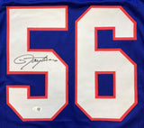The Sports Integrity Lawrence Taylor New York Signed Blue Football Jersey features a large white and red-trimmed number 56 with his signature in black ink on the left digit, authenticated by a JSA QR hologram.