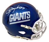 The Lawrence Taylor Signed New York Giants Mini Speed Helmet by Sports Integrity features a blue helmet with a white facemask, bold "GIANTS" lettering, and a white signature. Includes JSA QR hologram for authenticity.