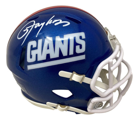 The Lawrence Taylor Signed New York Giants Mini Speed Helmet by Sports Integrity features a blue helmet with a white facemask, bold "GIANTS" lettering, and a white signature. Includes JSA QR hologram for authenticity.