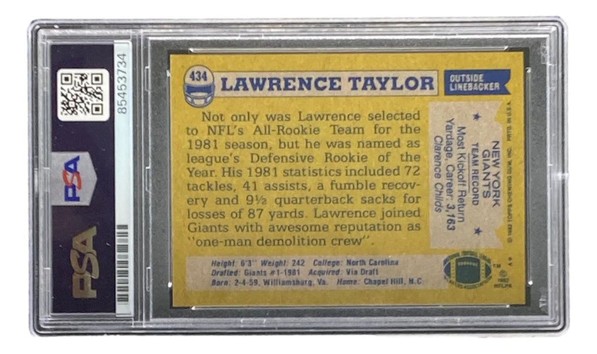 Lawrence Taylor Signed 1982 Topps #434 Giants Rookie Card PSA Auto Gem MT 10