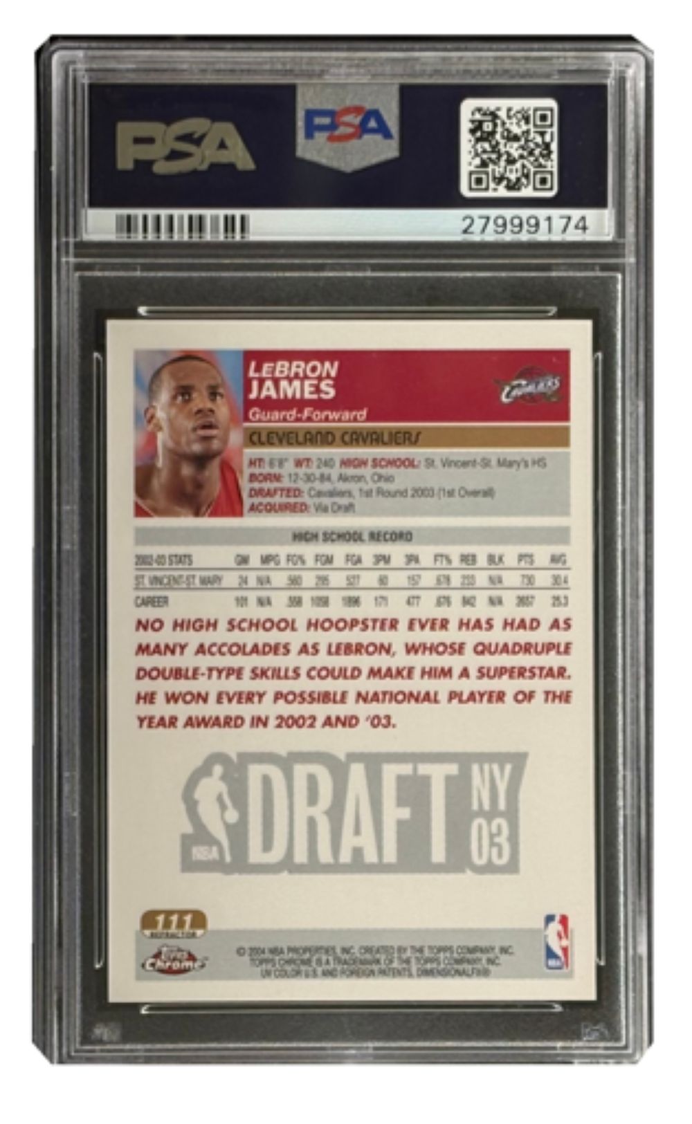 2003 Topps Chrome Lebron James #111 Cavs Rookie Refractor Card PSA Gem NM-MT 8