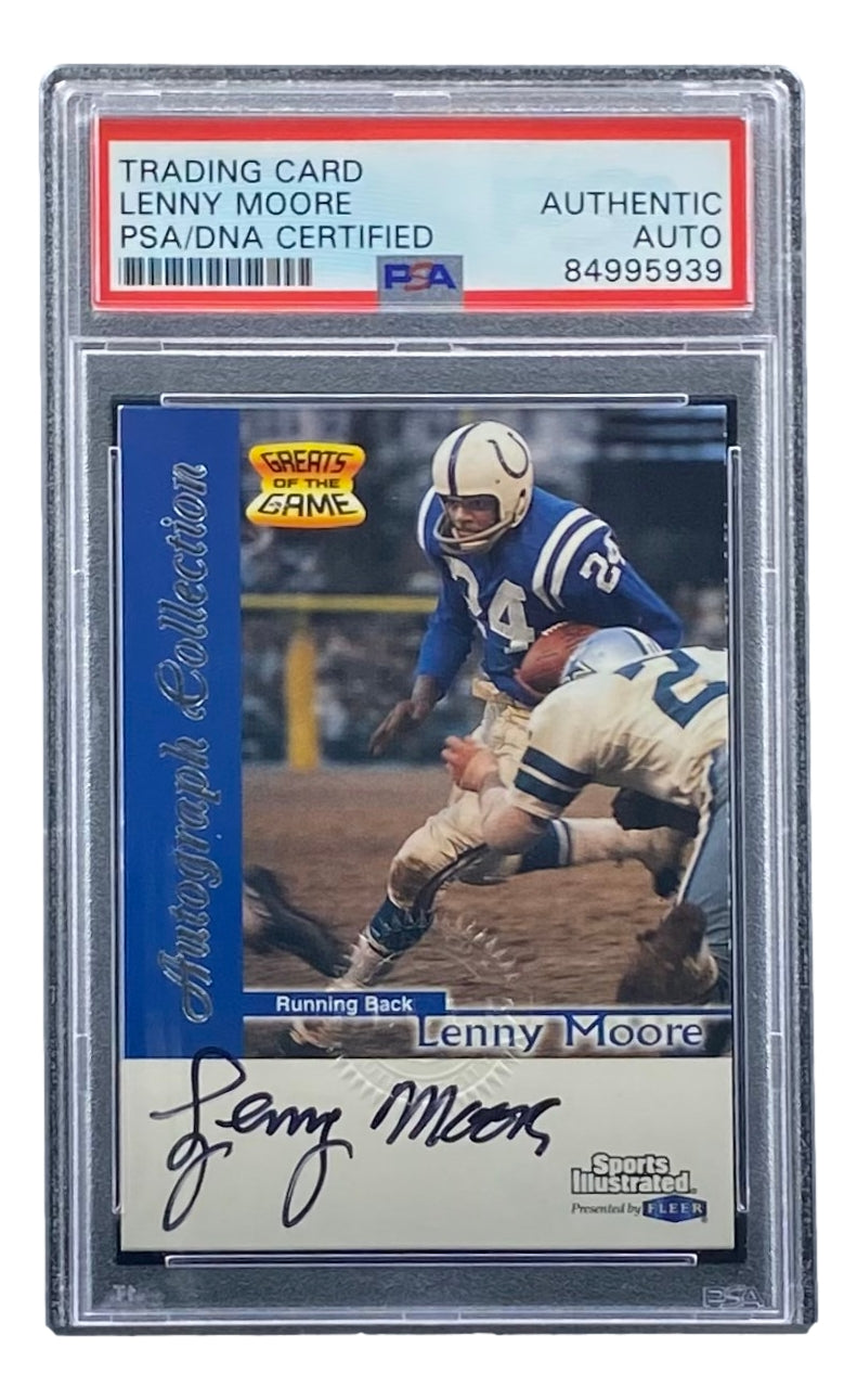 The Sports Integrity Lenny Moore Signed Colts 1997 Upper Deck #AL-19 Trading Card features his autograph and a PSA/DNA certification label for authenticity.