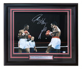 The Sports Integrity Sugar Ray Leonard Thomas Hearns Signed Framed 16x20 Boxing Photo features both autographs, a plaque with their names, and shows the two boxers in the ring with a referee in the background.
