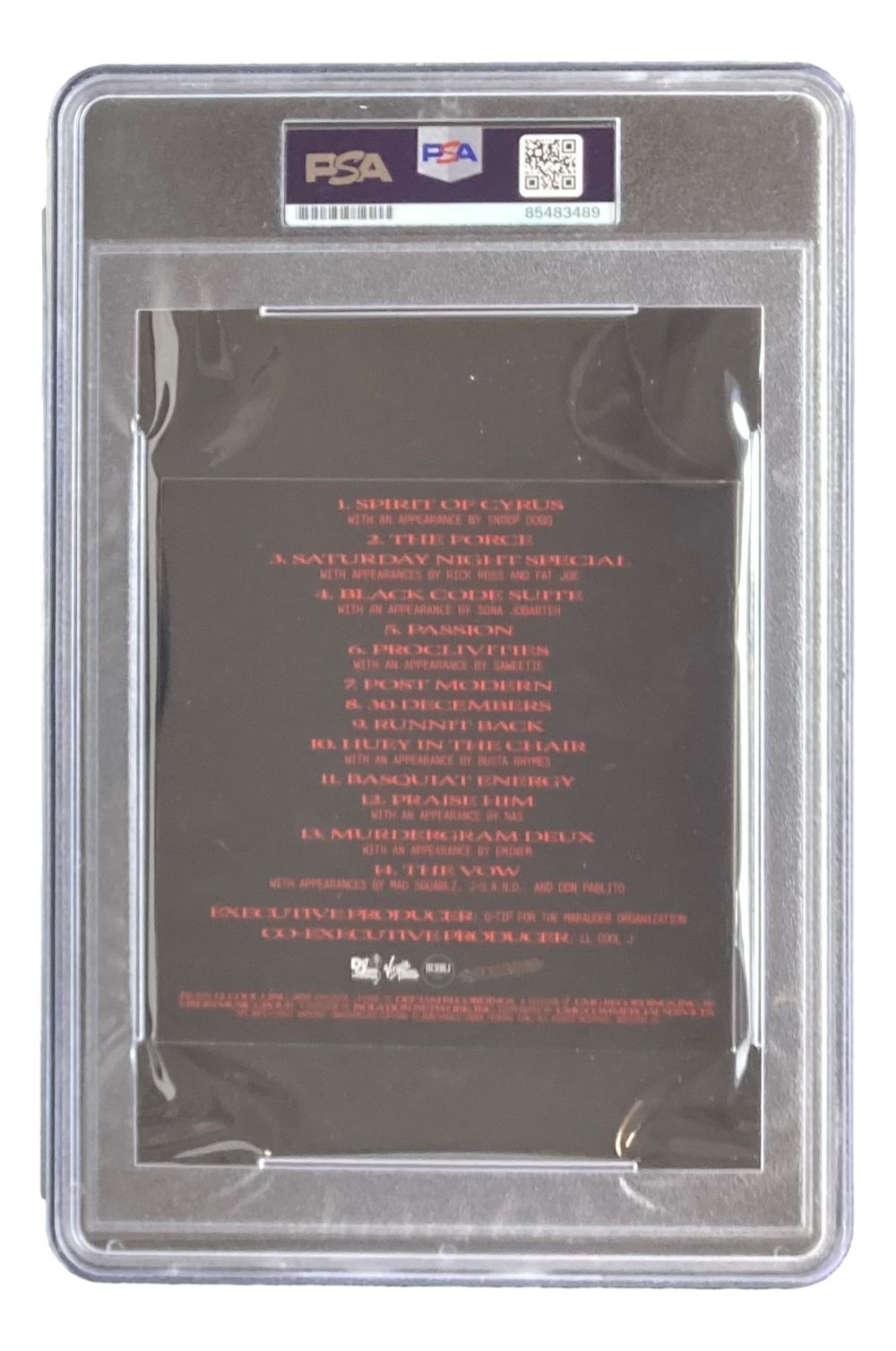 The LL Cool J Signed Slabbed The Force CD Booklet by Sports Integrity is encased in a clear holder with a PSA label. The back features a black background with red and white song titles and credits.