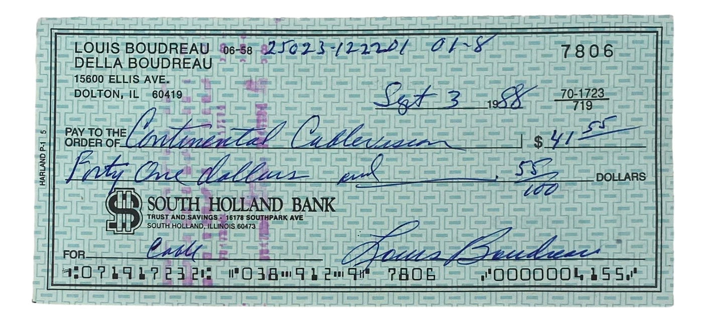 Lou Boudreau Cleveland Signed Bank Check #7806 BAS