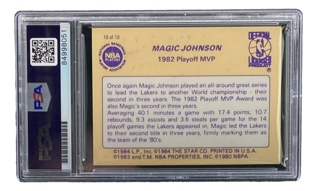 A PSA/DNA Gem MT 10 graded Magic Johnson Signed LA Lakers 1986 Star #10 trading card by Sports Integrity, shown in a plastic holder with a left-side PSA label and featuring detailed stats on the back.