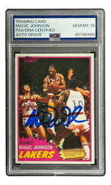 Magic Johnson Signed On Card 1981 Topps #21 Lakers Trading Card PSA Auto 10