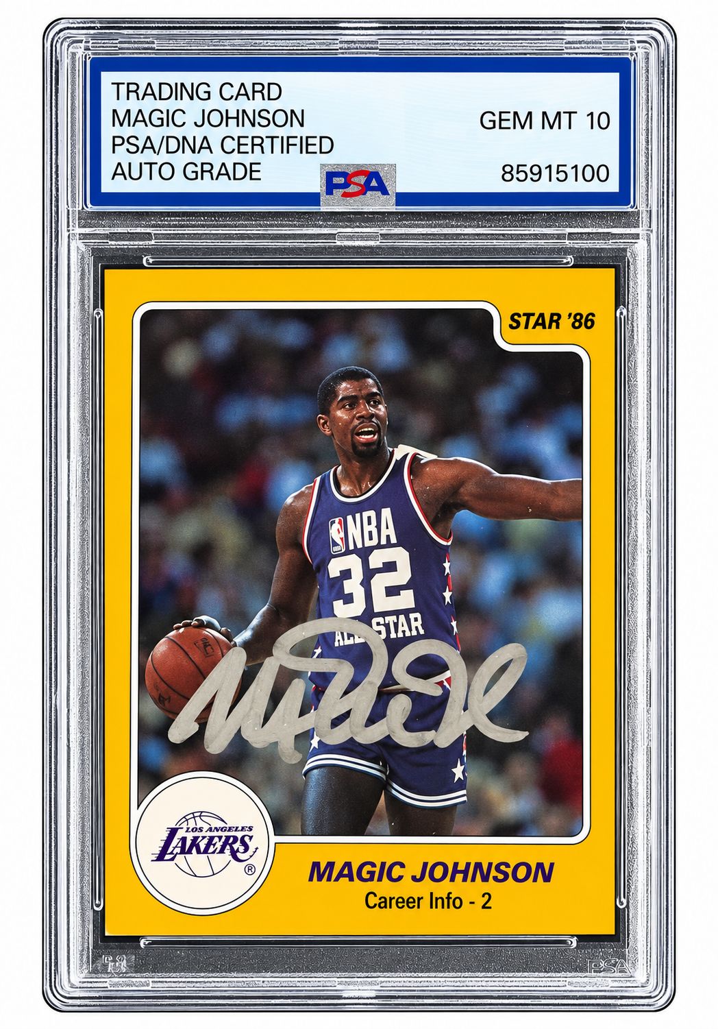 Magic Johnson Signed On Card 1986 Star #7 Lakers Trading Card PSA/DNA Gem MT 10