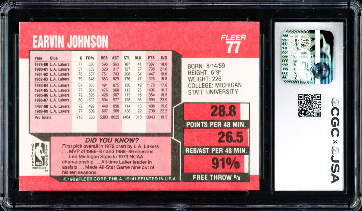 Magic Johnson Signed 1989-90 Fleer #77 Lakers Trading Card CGC Mint 9 Auto 10