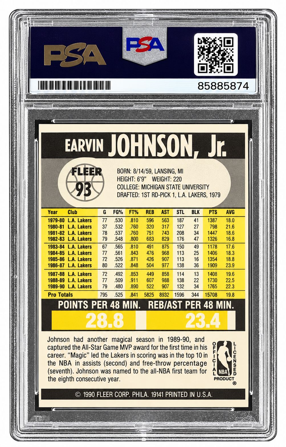 Magic Johnson Signed 1990 Fleer #93 Lakers Card PSA/DNA Gem MT 10