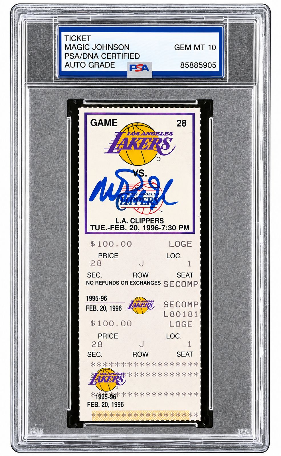 Magic Johnson Signed 1995/96 vs Clippers Return Season Ticket PSA/DNA Auto 10