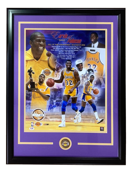 Sports Integrity's Magic Johnson Signed Framed 16x20 Lakers Collage Photo (PSA/DNA) shows action shots, his name, jersey #32, Hall of Fame mention, and a plaque with the Lakers logo at the bottom.