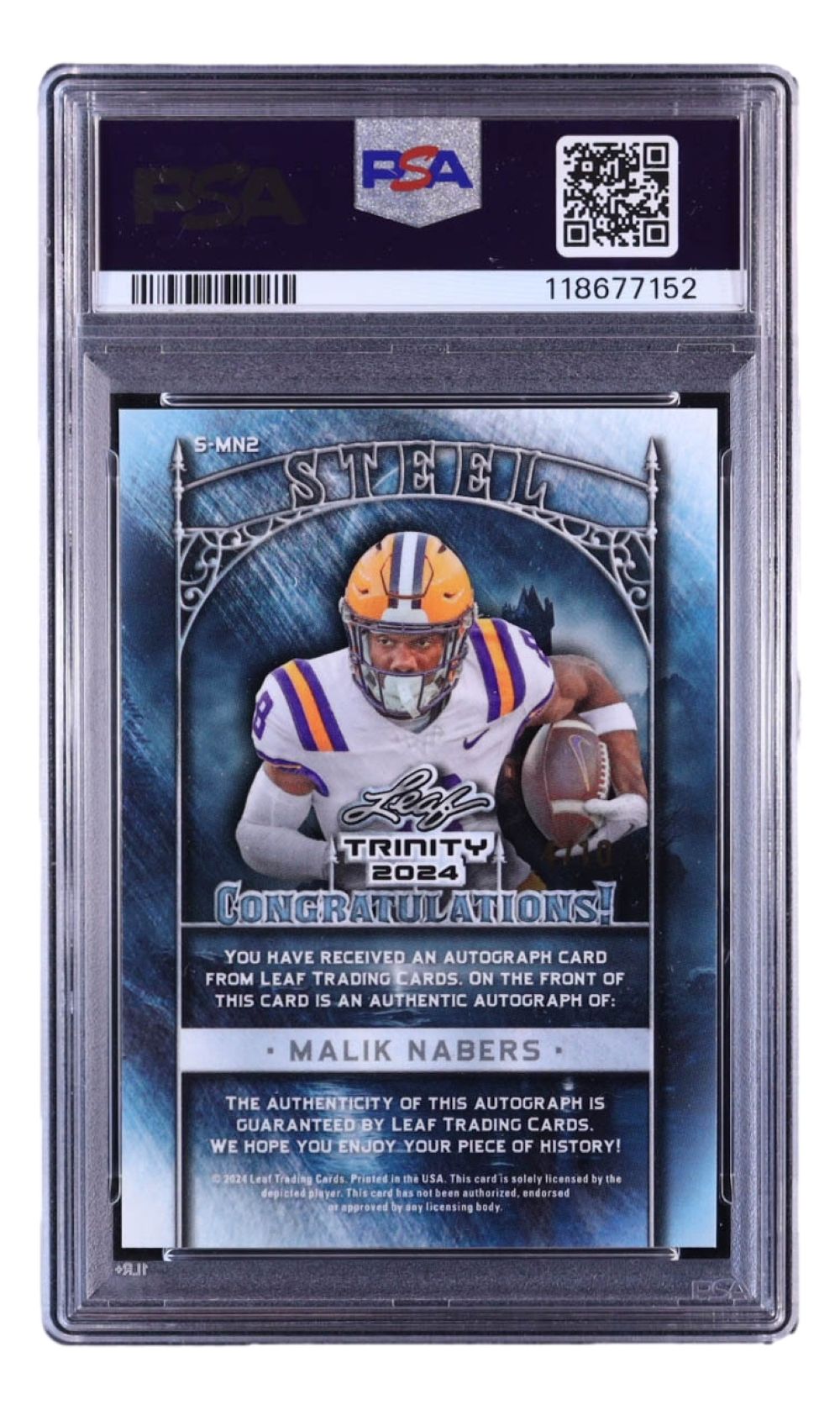 Malik Nabers Signed 2024 Leaf Trinity #S-MN2 Giants Rookie Card 4/10 PSA NM-MT 8