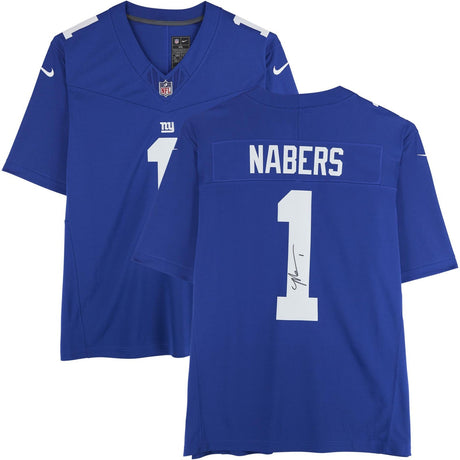 Front and back view of the blue Sports Integrity Malik Nabers Signed New York Giants Nike FUSE Limited Jersey Fanatics, featuring name "Nabers," number 1, and a signature on the back number.