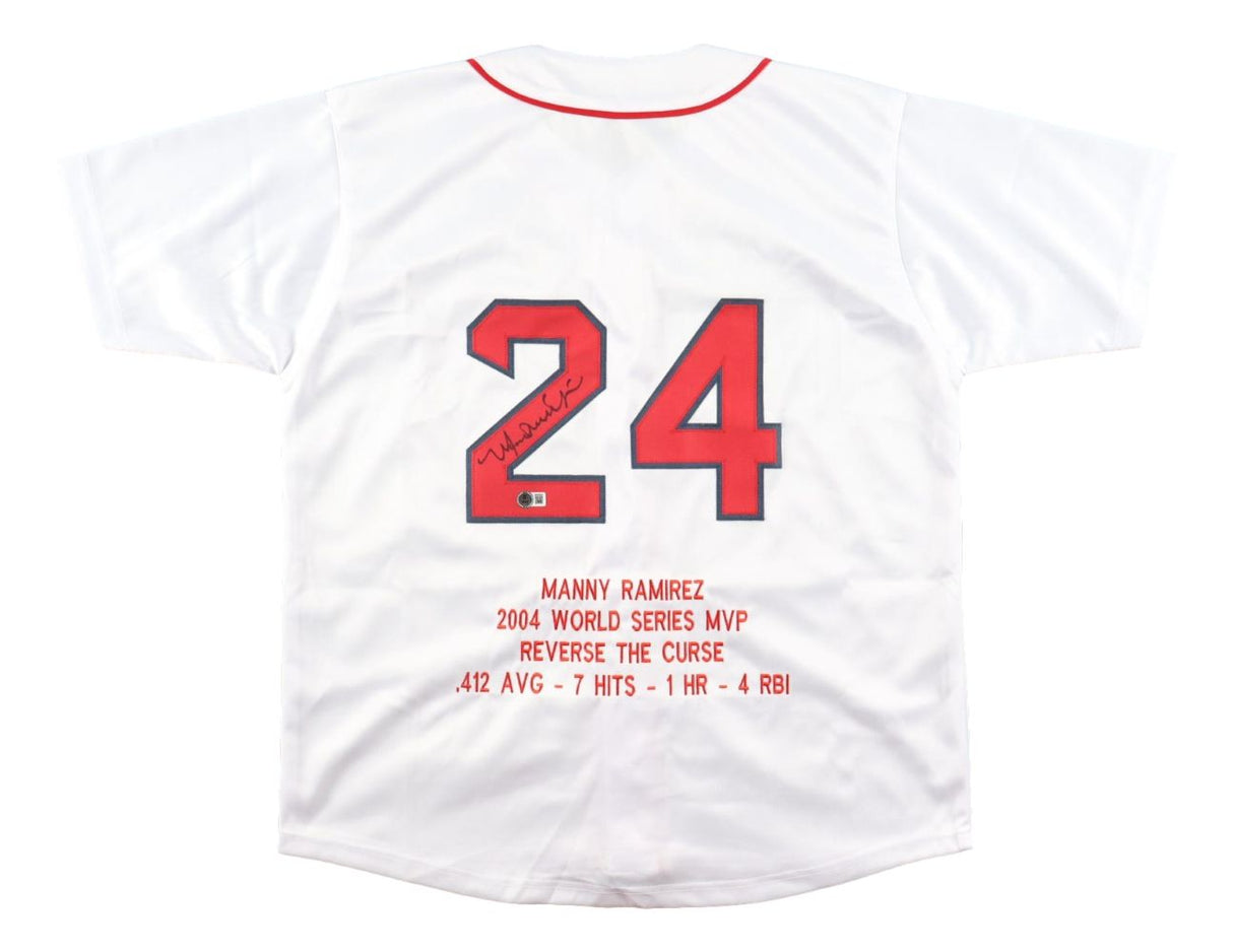 Manny Ramirez Boston Signed White 2004 WS MVP Stat Baseball Jersey BAS
