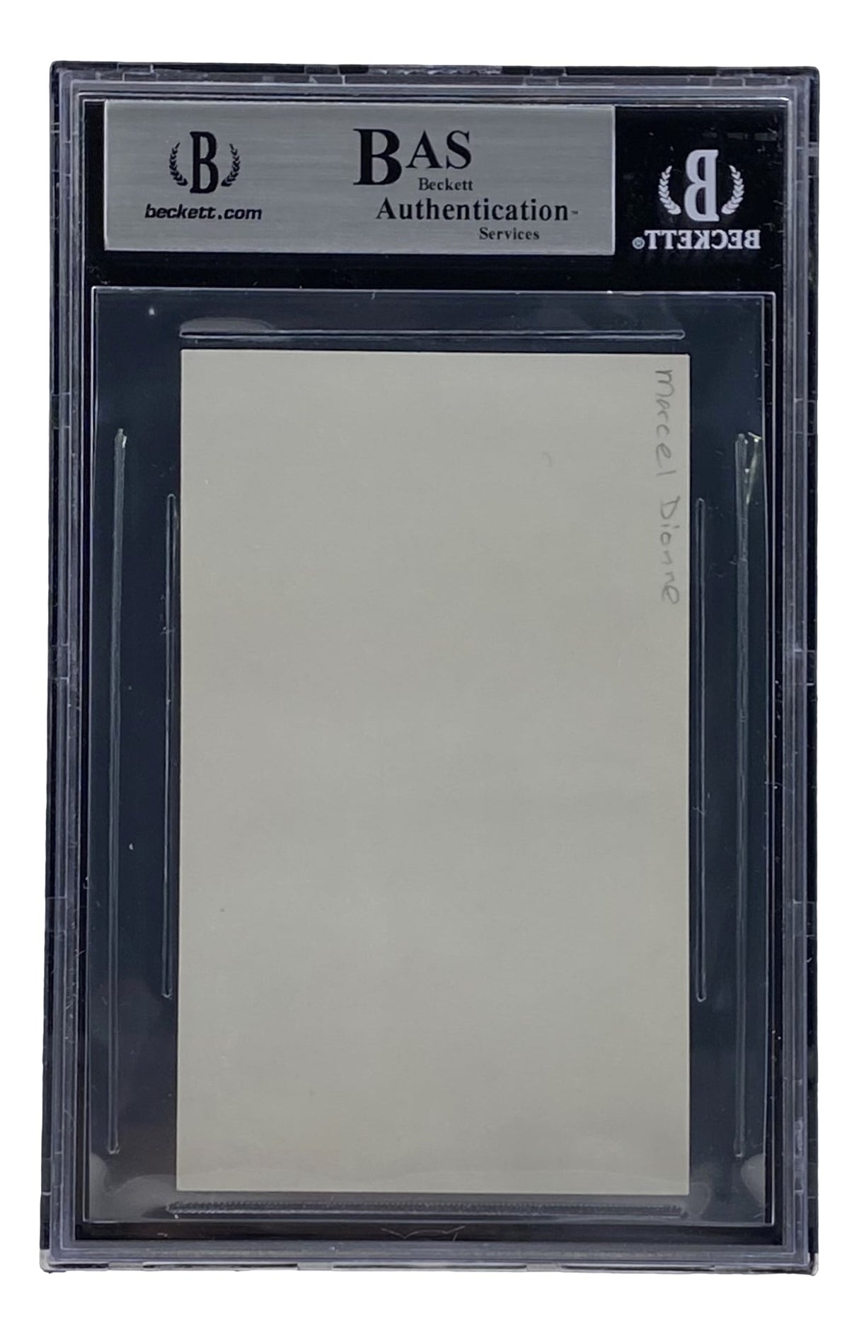 A Sports Integrity Marcel Dionne Quebec Nordiques Signed Slabbed Index Card, authenticated and encapsulated by BAS Beckett Authentication Services.