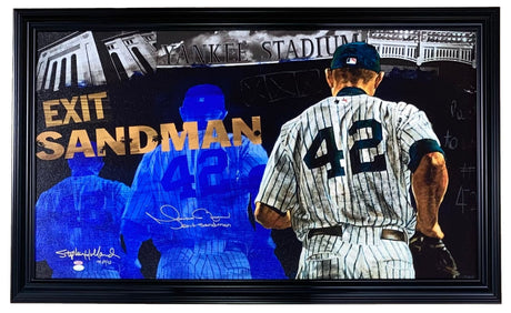 The Sports Integrity Mariano Rivera Signed 24x40 New York Yankees LE/42 Canvas "Exit Sandman" features jersey #42, Yankee Stadium background, blue and gold tones, and multiple autographs. Authenticated by JSA.
