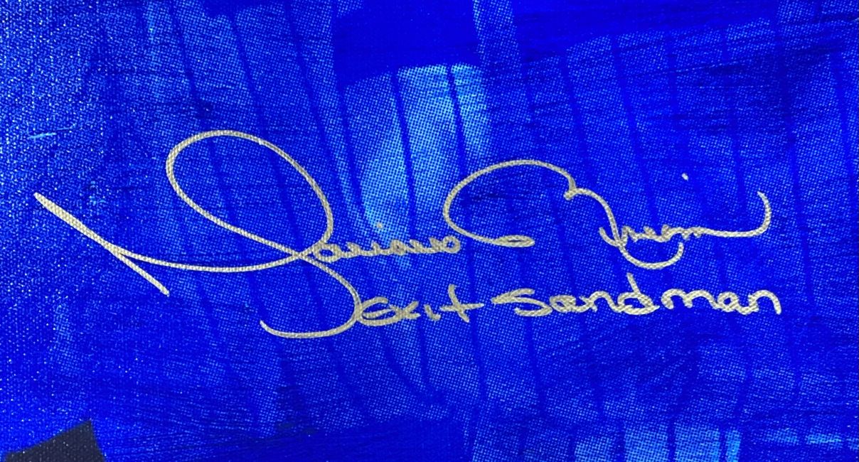 A gold Mariano Rivera signature appears on a blue background above the words "Exit Sandman" in matching gold ink on this 24x40 New York Yankees Sports Integrity canvas, JSA authenticated and LE/42.