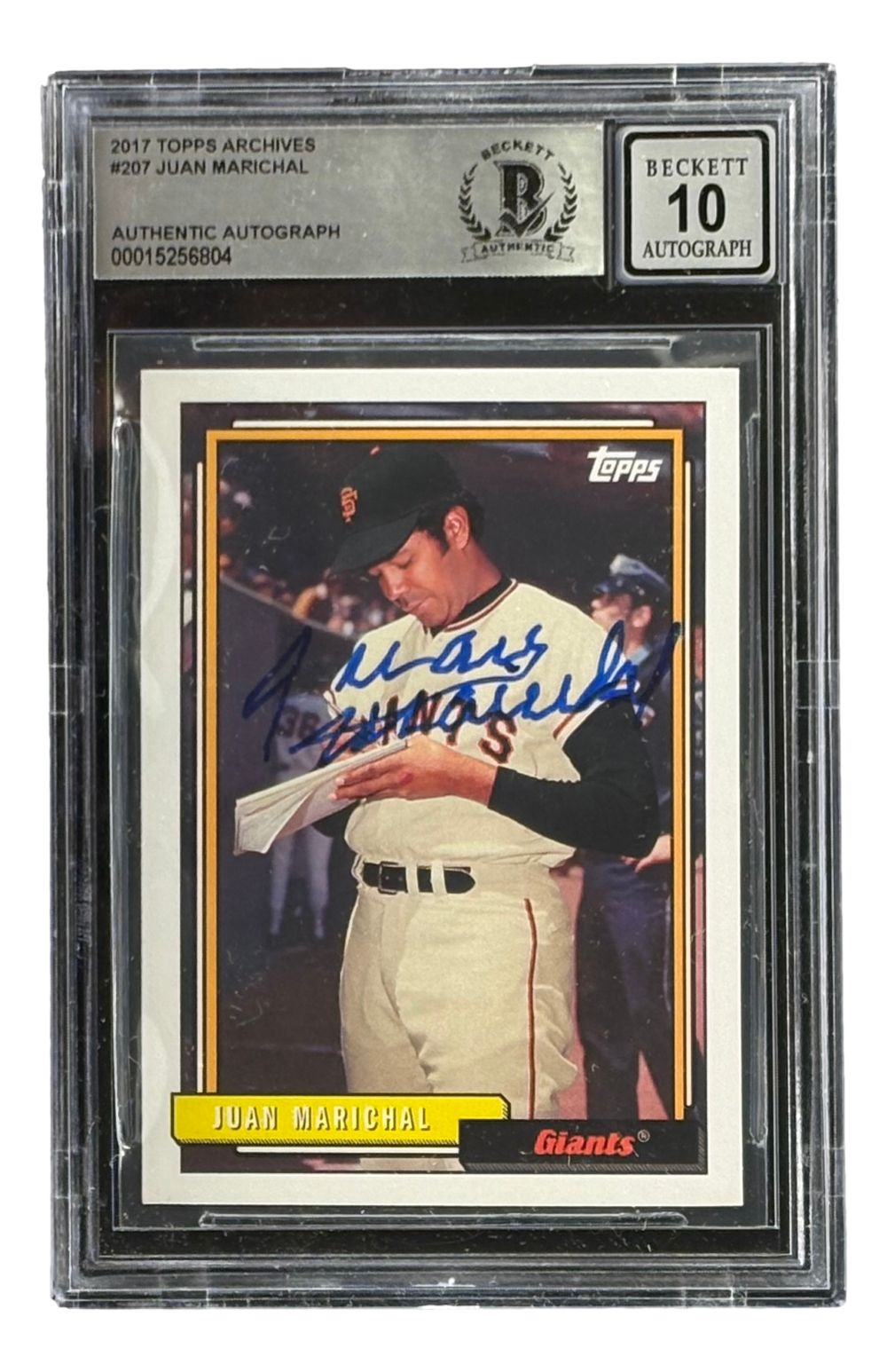 Sports Integrity Juan Marichal Signed 2017 Topps #207 San Francisco Giants card, graded BAS Auto 10, encased in a protective holder.