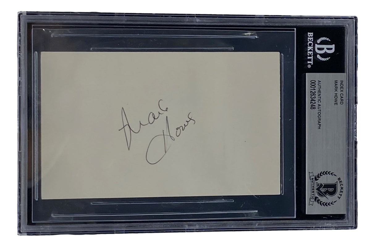 A Mark Howe Philadelphia Flyers signed index card, branded by Sports Integrity, is securely slabbed in a BAS holder with certification label 00012634248 visible.