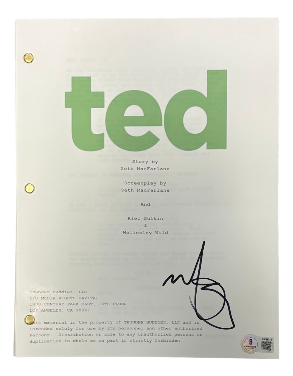 Mark Wahlberg Signed Ted Full Movie Script BAS