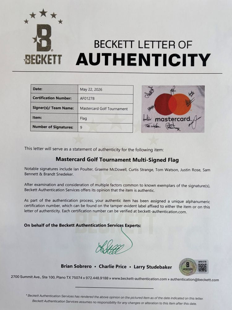 Mastercard Tournament Multi-Signed Golf Flag Tom Watson Justin Rose & More BAS