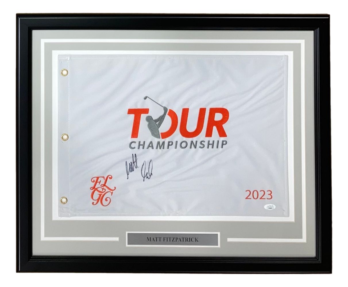 The Sports Integrity Matt Fitzpatrick Signed Framed 2023 PGA Tour Championship Golf Flag features red and black text, embroidered initials, two signatures, and a plaque with “Matt Fitzpatrick.” Authenticated by JSA.