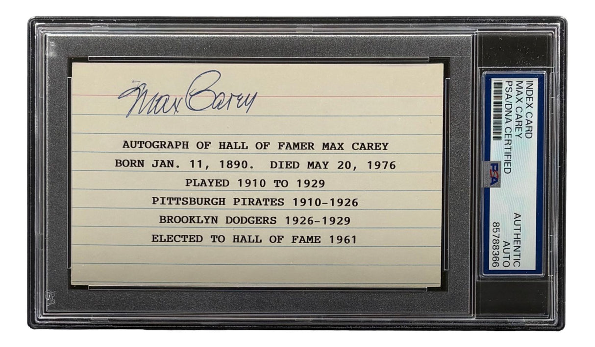 Max Carey Pittsburgh Pirates Signed Index Card PSA/DNA