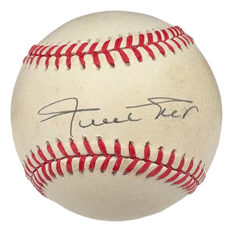 A Willie Mays San Francisco Giants Signed National League Baseball by Sports Integrity, featuring a black autograph on a white ball with red stitching (PSA AP53360), displayed against a plain white background.