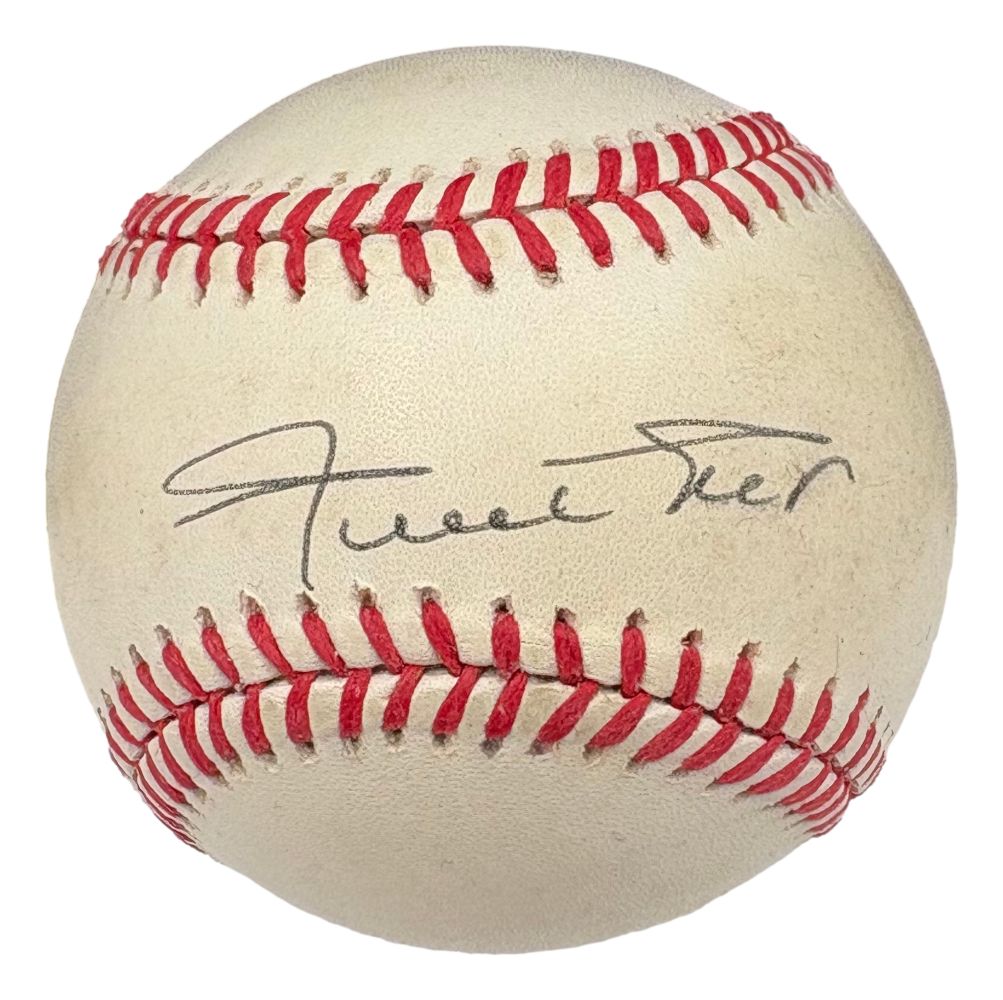 A Willie Mays San Francisco Giants Signed National League Baseball by Sports Integrity, featuring a black autograph on a white ball with red stitching (PSA AP53360), displayed against a plain white background.