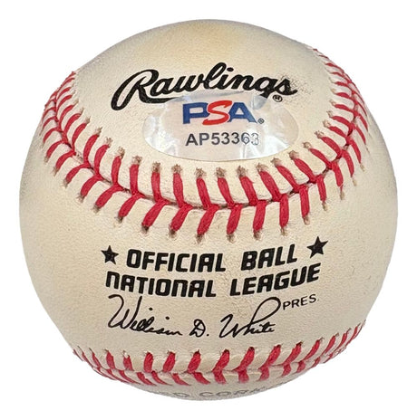 A Willie Mays San Francisco Giants signed National League baseball by Sports Integrity, includes PSA authentication (AP53363) and features red stitching with the printed signature of league president William D. White.