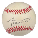 The Sports Integrity Willie Mays San Francisco Giants Signed National League Baseball (PSA AP53366) is a white baseball with red stitching featuring Willie Mays' black autograph across the surface.