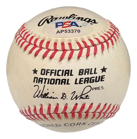 The Willie Mays San Francisco Giants Signed National League Baseball by Sports Integrity features red stitching, "Official Ball National League", William D. White’s signature, and a PSA authentication sticker AP53370.