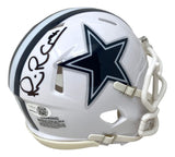 The Sports Integrity Michael Irvin Signed Dallas Cowboys White Mini Speed Helmet features a blue star logo, dark blue stripes, and a black autograph, authenticated with a JSA QR hologram.