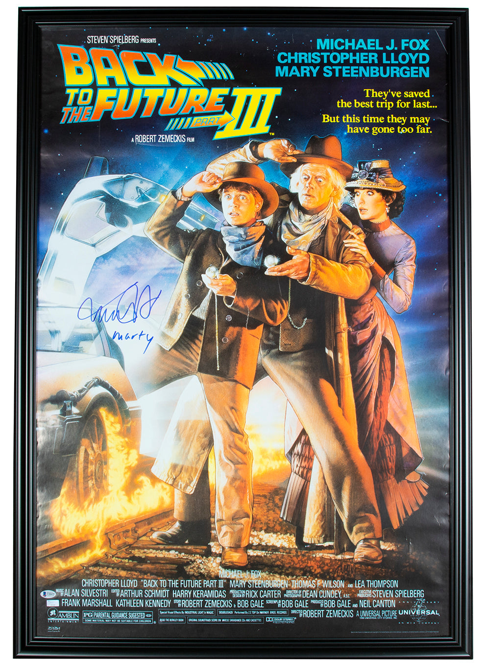 Bring home a collector’s gem: the Sports Integrity Michael J. Fox Signed Framed Back To The Future 3 Movie Poster (32x46), showing three characters in Western attire with train, title, credits, and autograph.