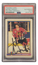 The Sports Integrity Michel Goulet Signed 1991 Bowman #392 Chicago Blackhawks Hockey Card is PSA/DNA certified, featuring Goulet skating with a stick and his autograph in black ink on the front.