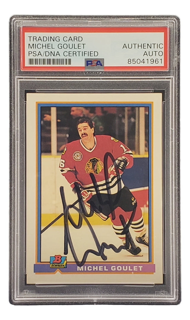 The Sports Integrity Michel Goulet Signed 1991 Bowman #392 Chicago Blackhawks Hockey Card is PSA/DNA certified, featuring Goulet skating with a stick and his autograph in black ink on the front.