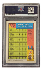 Sports Integrity Michel Goulet Signed 1991 Bowman #392 Chicago Blackhawks hockey card, authenticated by PSA/DNA, showing player stats and details on a colorful red, yellow, and green back design.