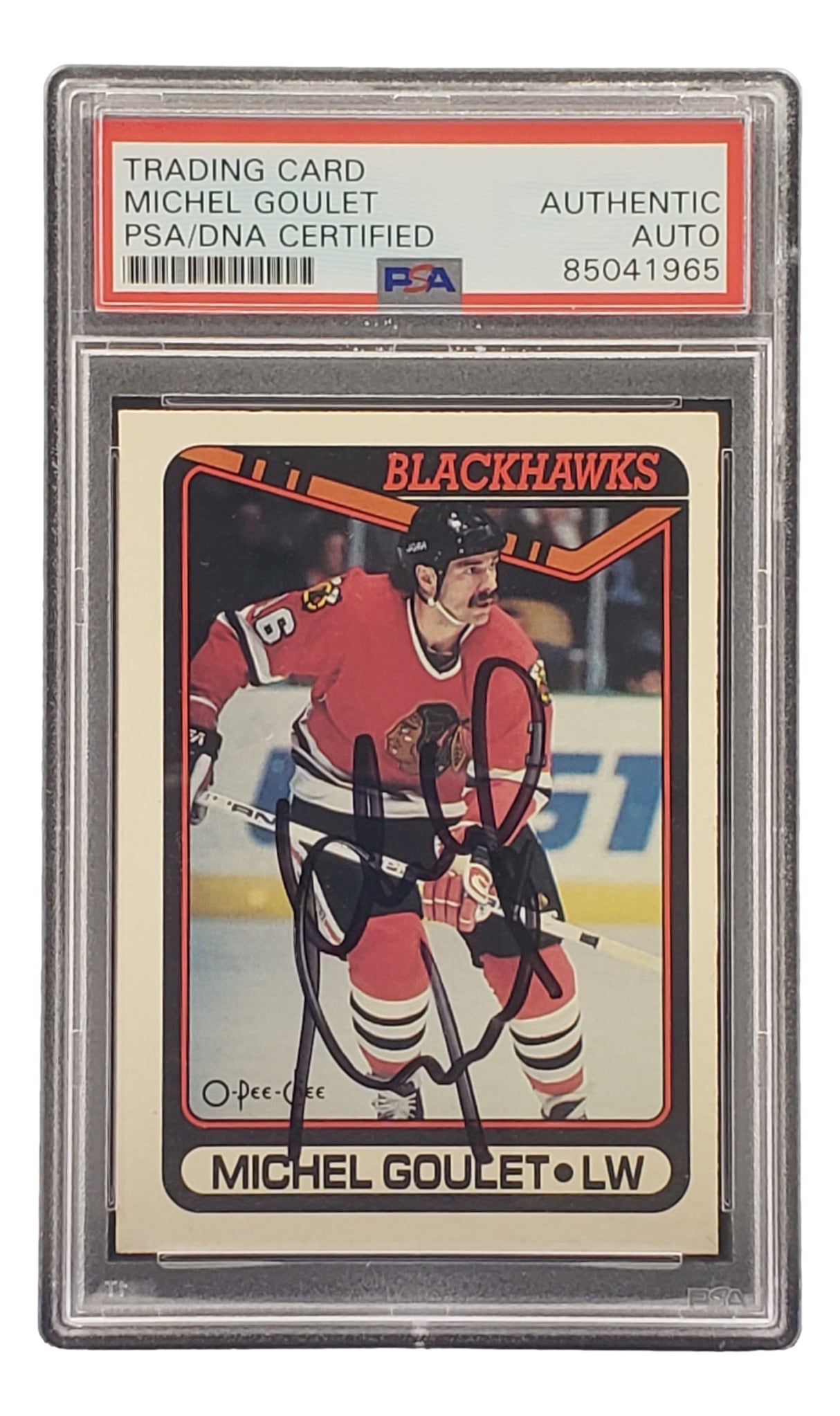 The Sports Integrity Michel Goulet Signed 1990 O-Pee-Chee #329 Chicago Blackhawks Hockey Card is PSA/DNA certified and features Goulet in a Blackhawks uniform with "MICHEL GOULET • LW" text, encased in a clear PSA holder.