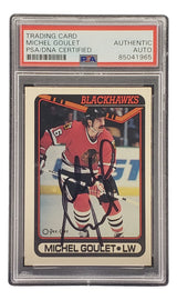 The Sports Integrity Michel Goulet Signed 1990 O-Pee-Chee #329 Chicago Blackhawks Hockey Card is PSA/DNA certified and features Goulet in a Blackhawks uniform with "MICHEL GOULET • LW" text, encased in a clear PSA holder.