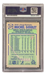The Michel Goulet Signed 1990 O-Pee-Chee #329 Chicago Blackhawks Hockey Card by Sports Integrity is PSA/DNA authenticated in a plastic holder, with career stats on the back and number 85041965 at the top.