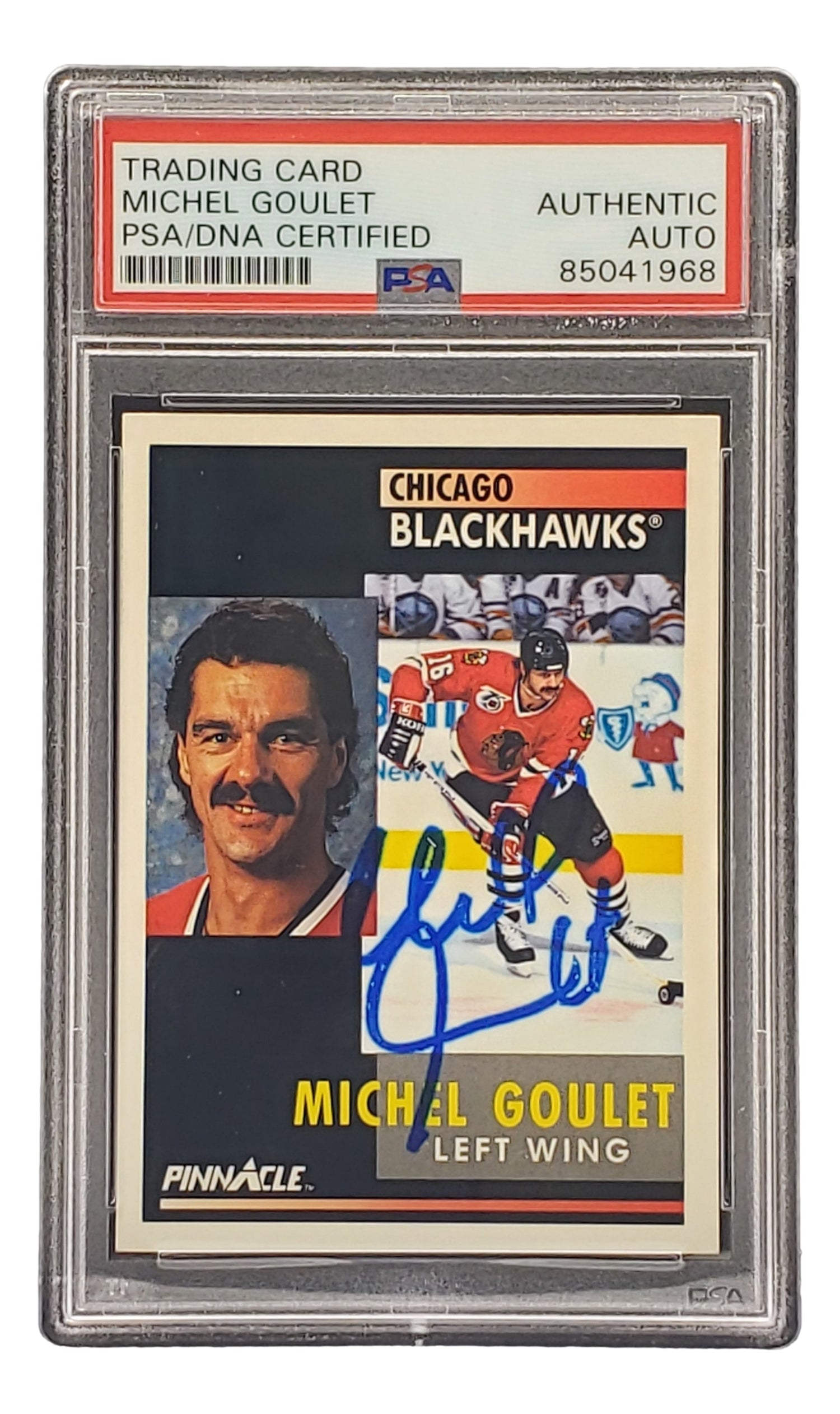The Sports Integrity Michel Goulet Signed 1991 Pinnacle #109 Chicago Blackhawks Hockey Card is PSA/DNA certified, featuring his autograph and image on the front.