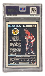 The Michel Goulet Signed 1991 Pinnacle #109 Chicago Blackhawks Hockey Card by Sports Integrity features Goulet in uniform with visible PSA/DNA certification and highlights his NHL stats and career achievements.