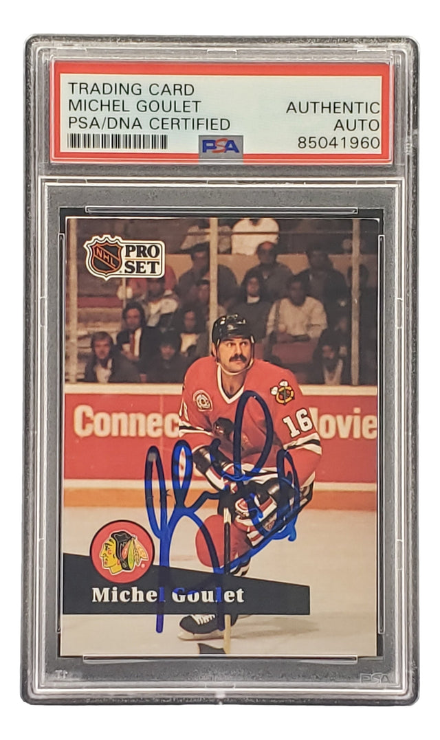 The Sports Integrity Michel Goulet Signed 1991 Pro Set #50 Chicago Blackhawks Hockey Card is PSA/DNA certified, slabbed in protective plastic, and features his blue autograph across the card.
